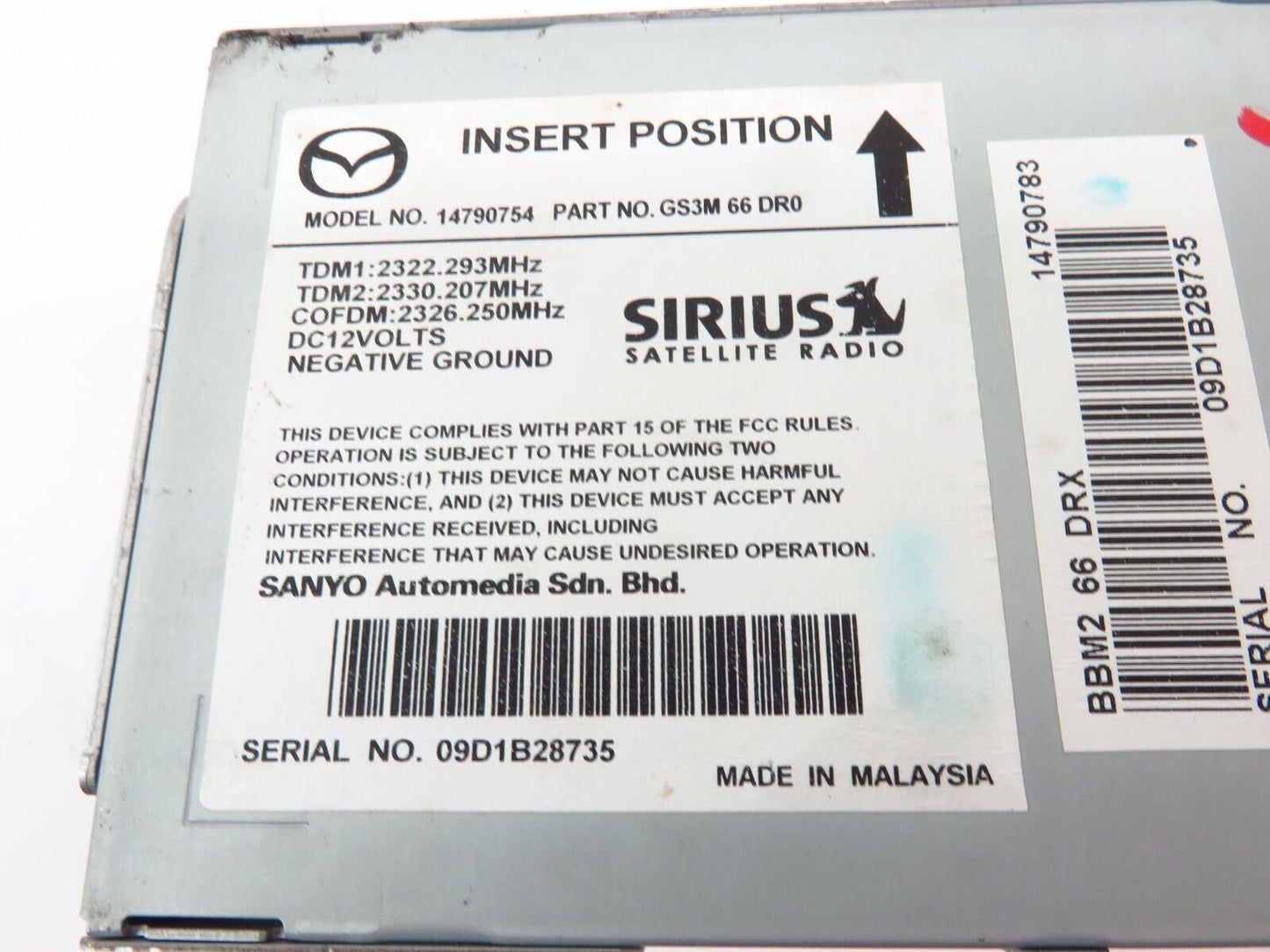 2010-2013 Mazdaspeed3 Sirius Receiver Radio Module GS3M66DR0 Speed 3 MS3 10-13