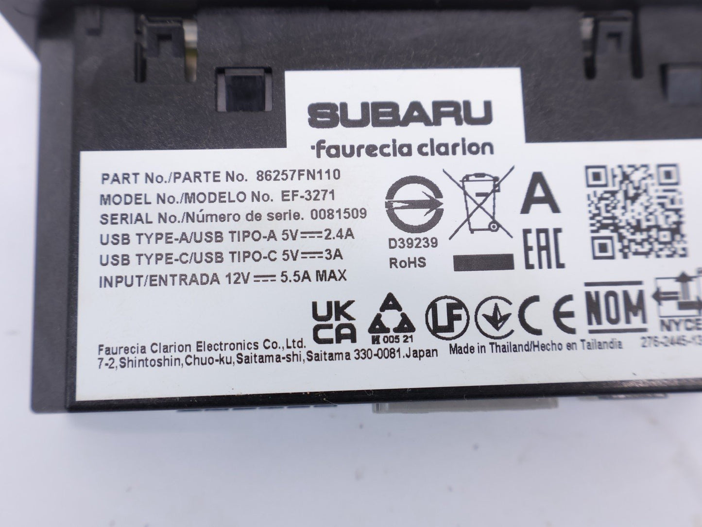 2024-2025 Subaru Crosstrek Auxiliary Jack USB AUX Port Unit OEM 86257FN110