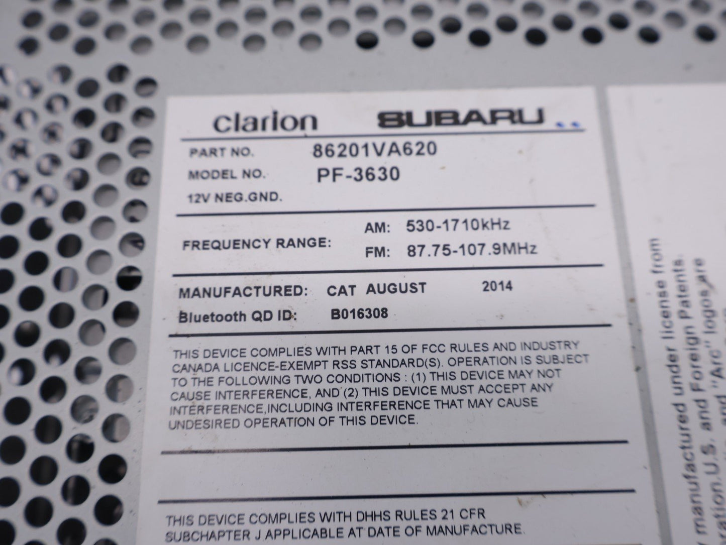 2015 Subaru WRX Radio Head Unit Stereo Receiver CD MP3 WMA 86201VA620