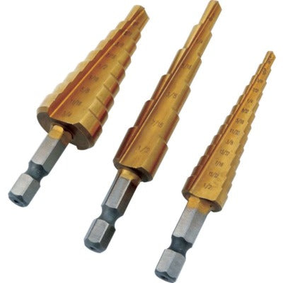 Step Drill Bit 3 piece Set 1/4" Hex Shank 6, 9, and 13 Step